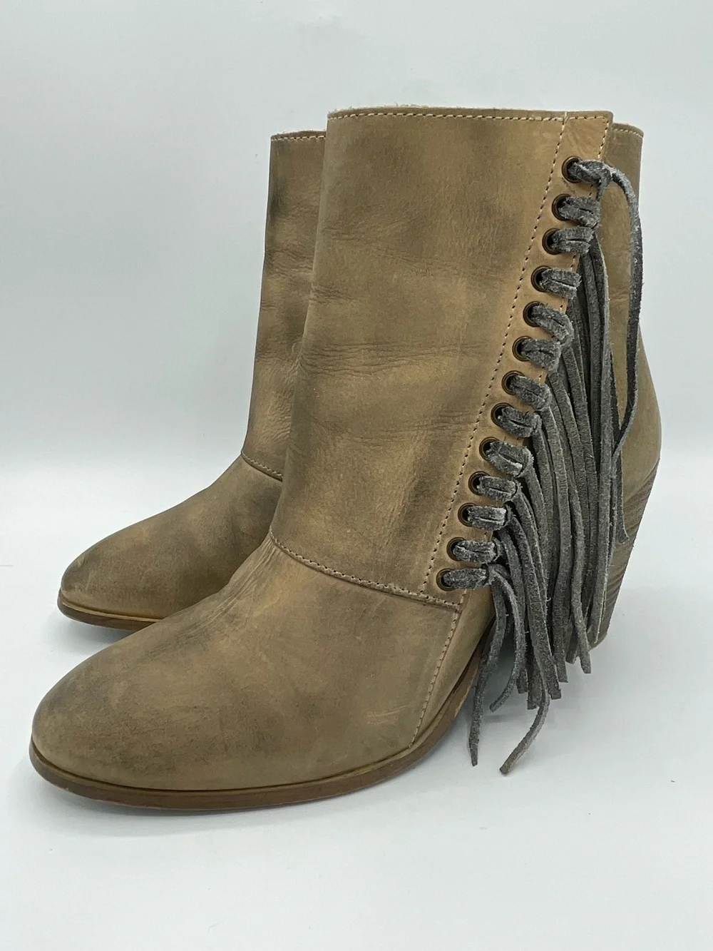 Diba True Jilly Ann Fringe Leather Ankle Boots in Taupe/Tan.